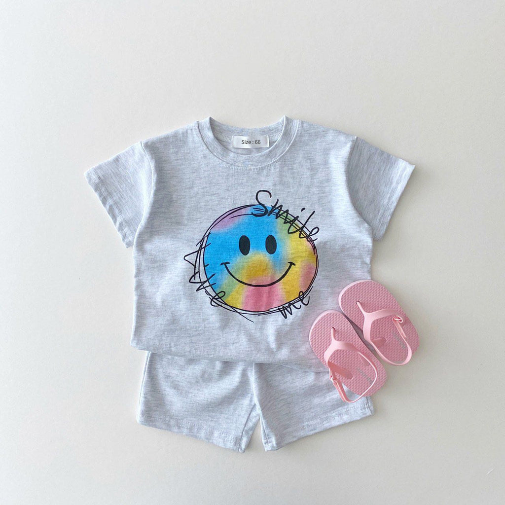 Korean Version Of Ins Summer Baby Boys And Girls Baby Smiley Print Two-Piece Cotton Casual Loose Suit