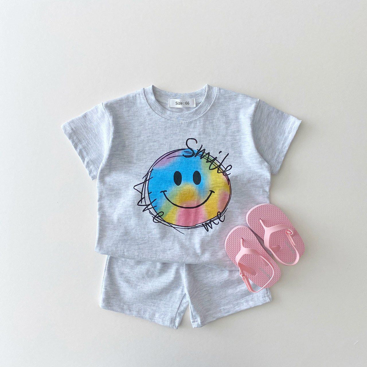 Korean Version Of Ins Summer Baby Boys And Girls Baby Smiley Print Two-Piece Cotton Casual Loose Suit