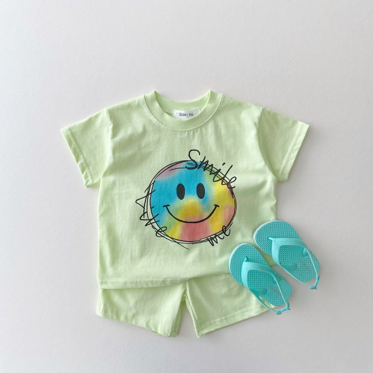 Korean Version Of Ins Summer Baby Boys And Girls Baby Smiley Print Two-Piece Cotton Casual Loose Suit